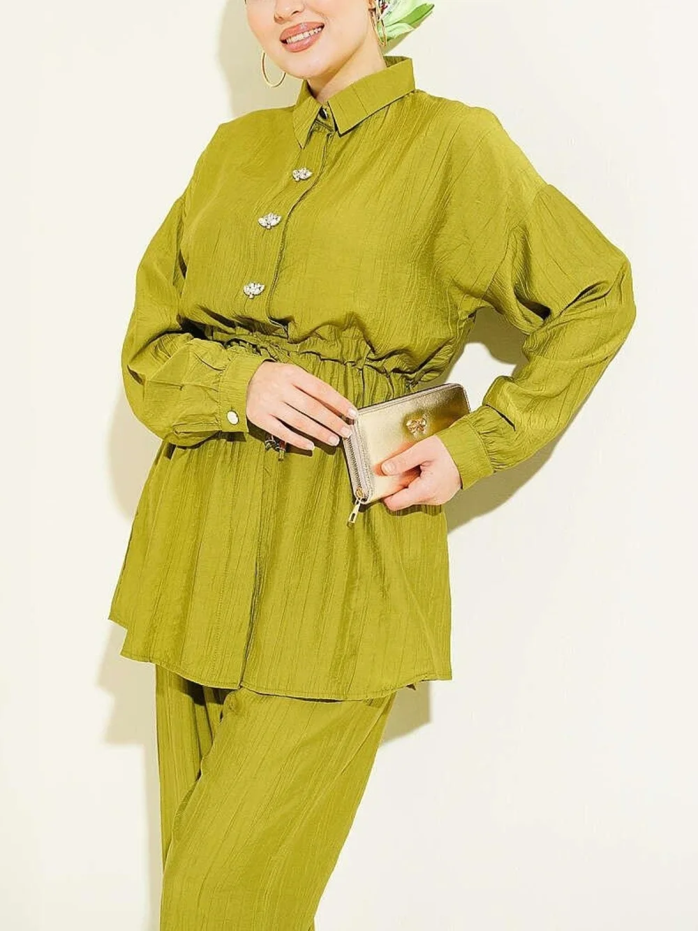 Oil Yellow Tunic Set Rhinestone Buttons Wide Leg Pants Modest XL